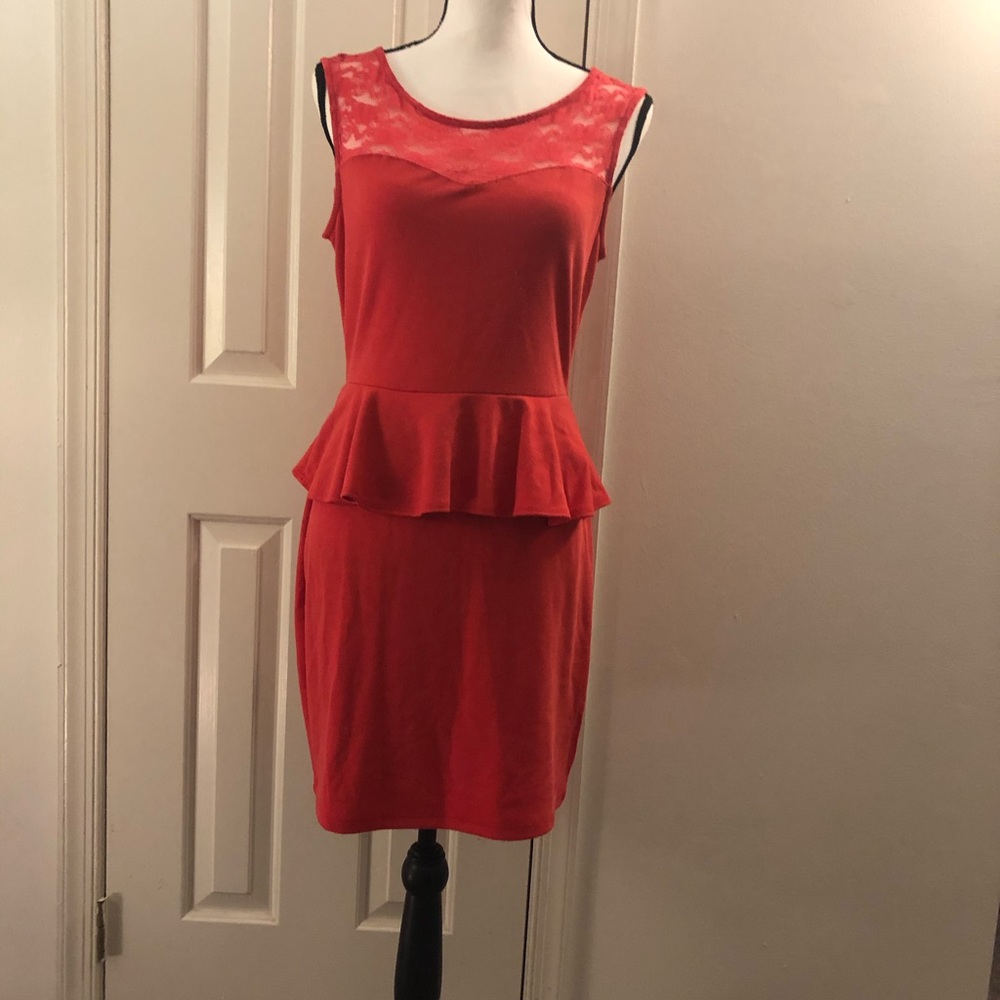 Hot coral peplum stretchy dress